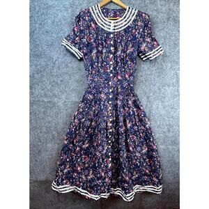 Vintage LG Star Dress 12 Busy Floral Striped Button Front Retro Career Secretary